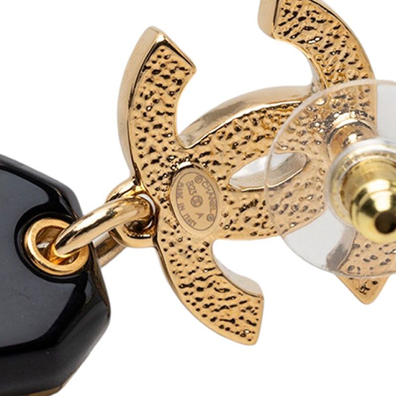 Chanel CC Logo Quilted Bag Stud Earrings Swing Gold Black Plated Resin — view 3