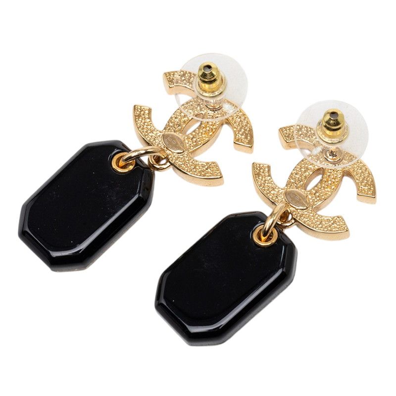 Chanel CC Logo Quilted Bag Stud Earrings Swing Gold Black Plated Resin — view 2