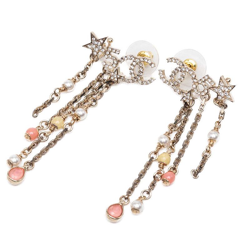 Chanel CC Logo Star Motif Stud Earrings Swing Gold Plated Rhinestone