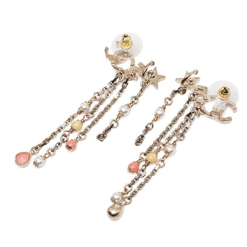 Chanel CC Logo Star Motif Stud Earrings Swing Gold Plated Rhinestone — view 2
