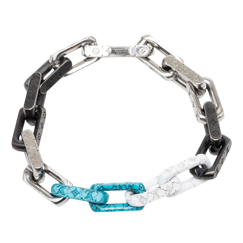 Louis Vuitton Monogram Chain Stone Bracelet Silver Black Blue Metal