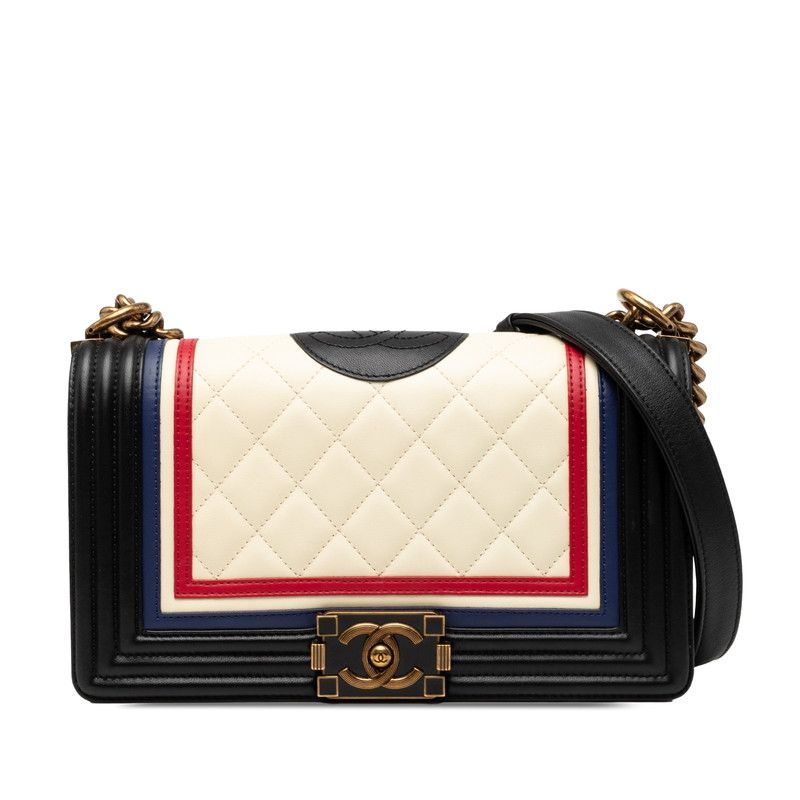 Chanel CC Logo Quilted Boy Chain Shoulder Bag Black Multicolor Lambskin