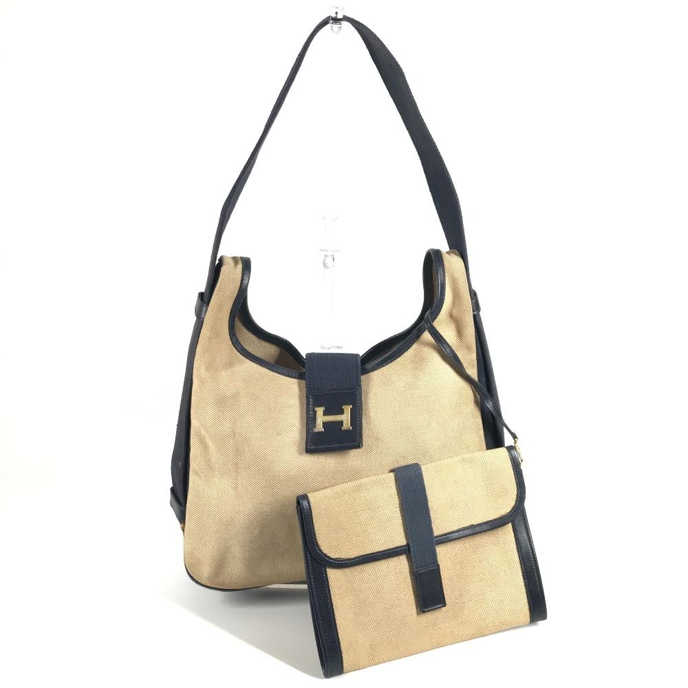 Hermes Shoulder Bag Saco Leather Canvas Beige