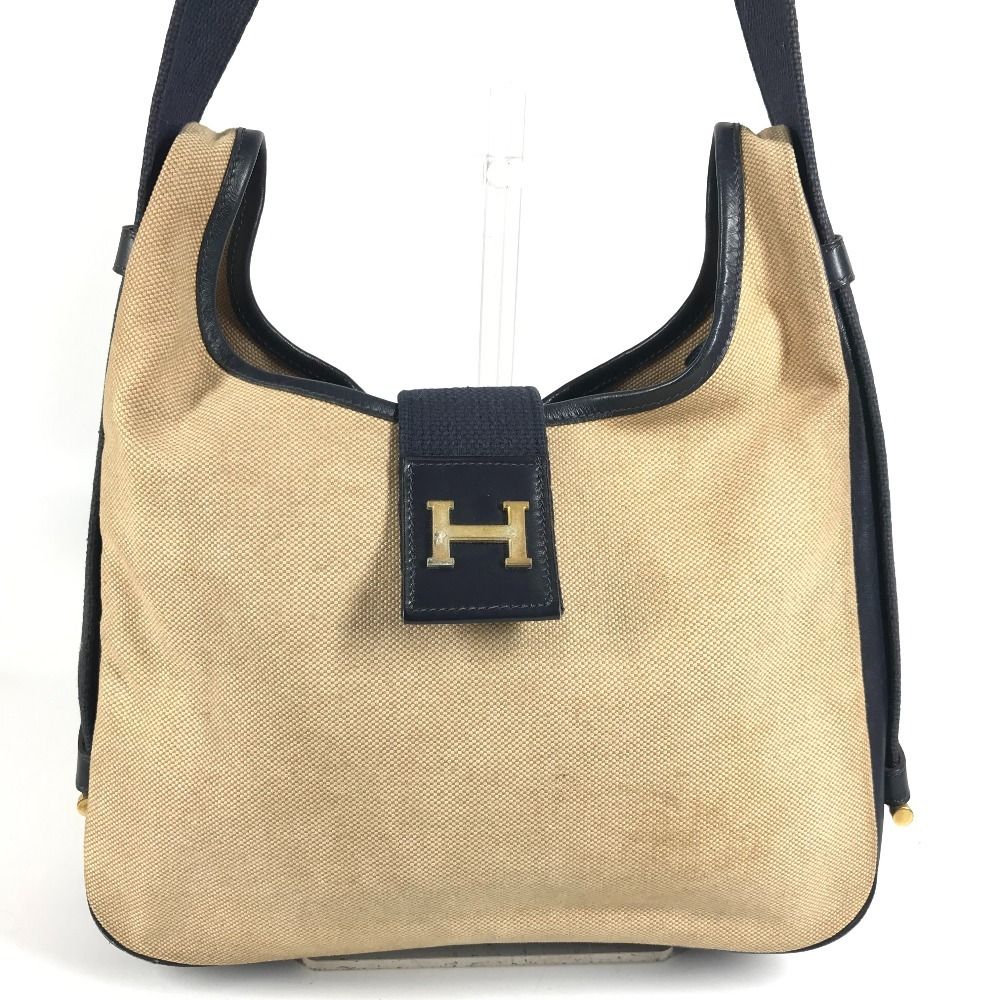 Hermes Shoulder Bag Saco Leather Canvas Beige — view 2