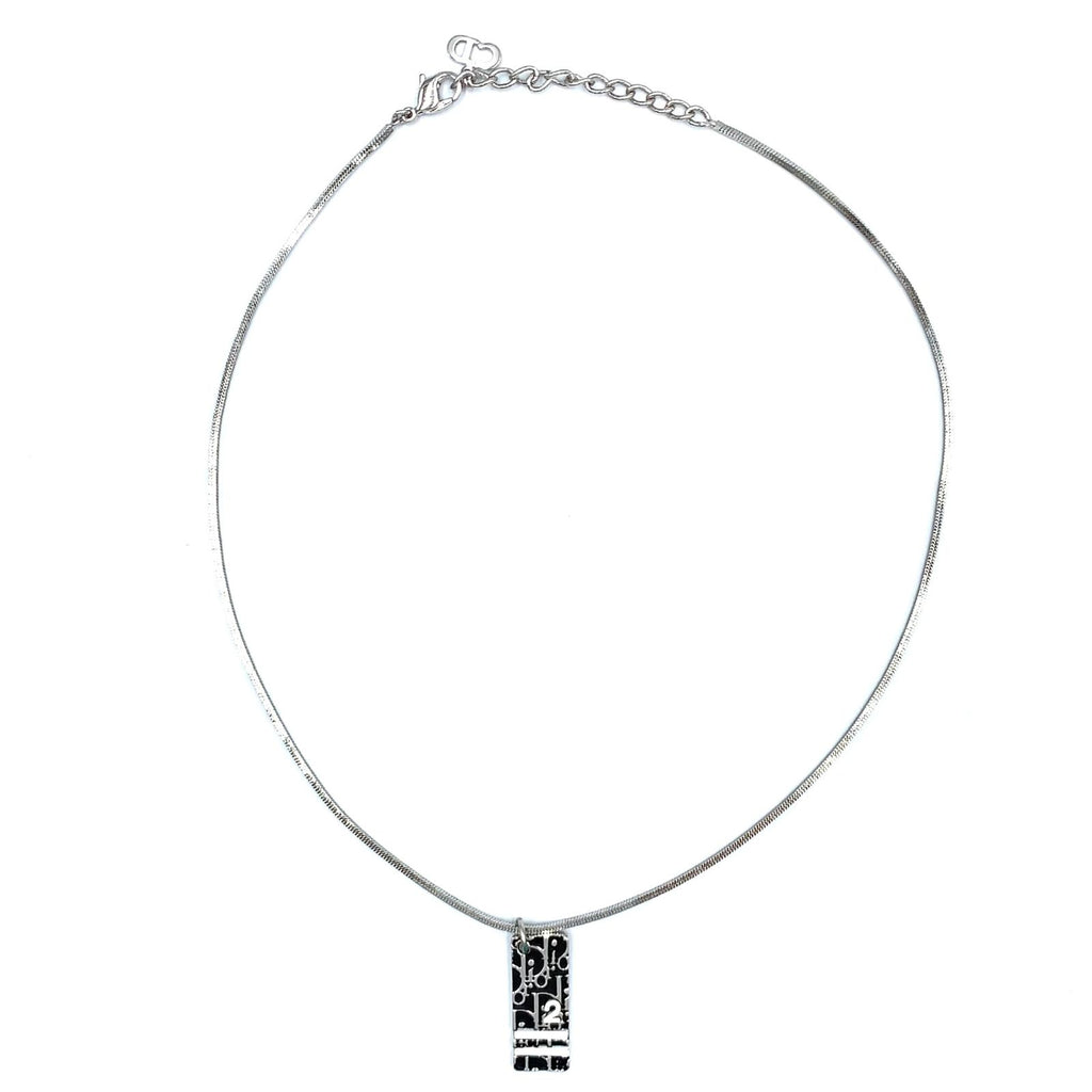 Dior Trotter Plate Metal Enamel Silver Black White Necklace — view 3