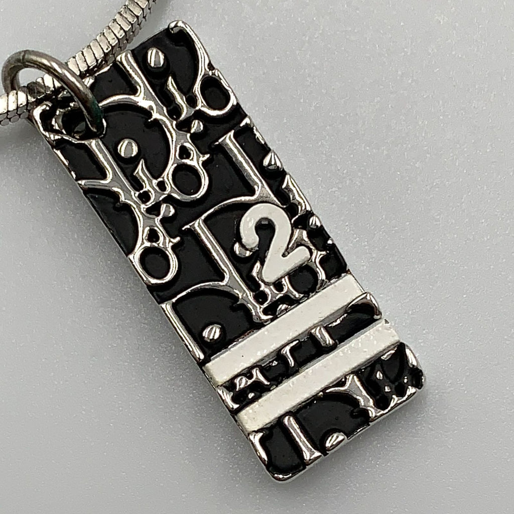 Dior Trotter Plate Metal Enamel Silver Black White Necklace — view 9