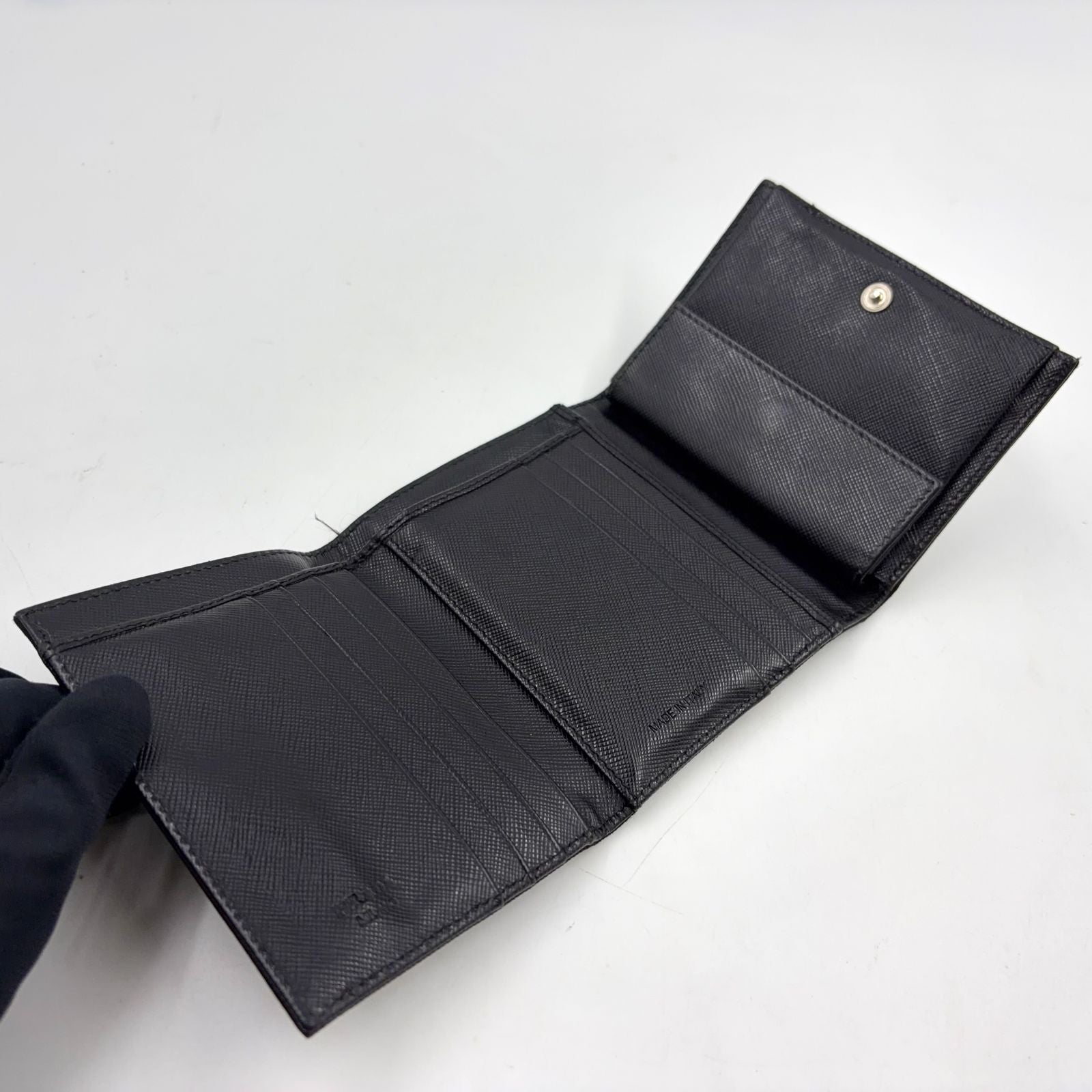 Prada Nylon Saffiano Leather Black Trifold Wallet Silver — view 3