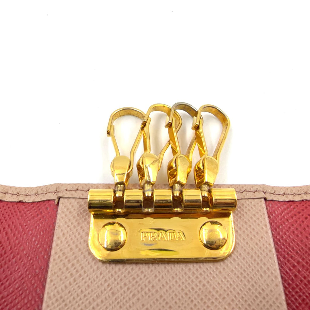 Prada Saffiano Metal Leather Pink Beige Key Case Gold Key Holder — view 9