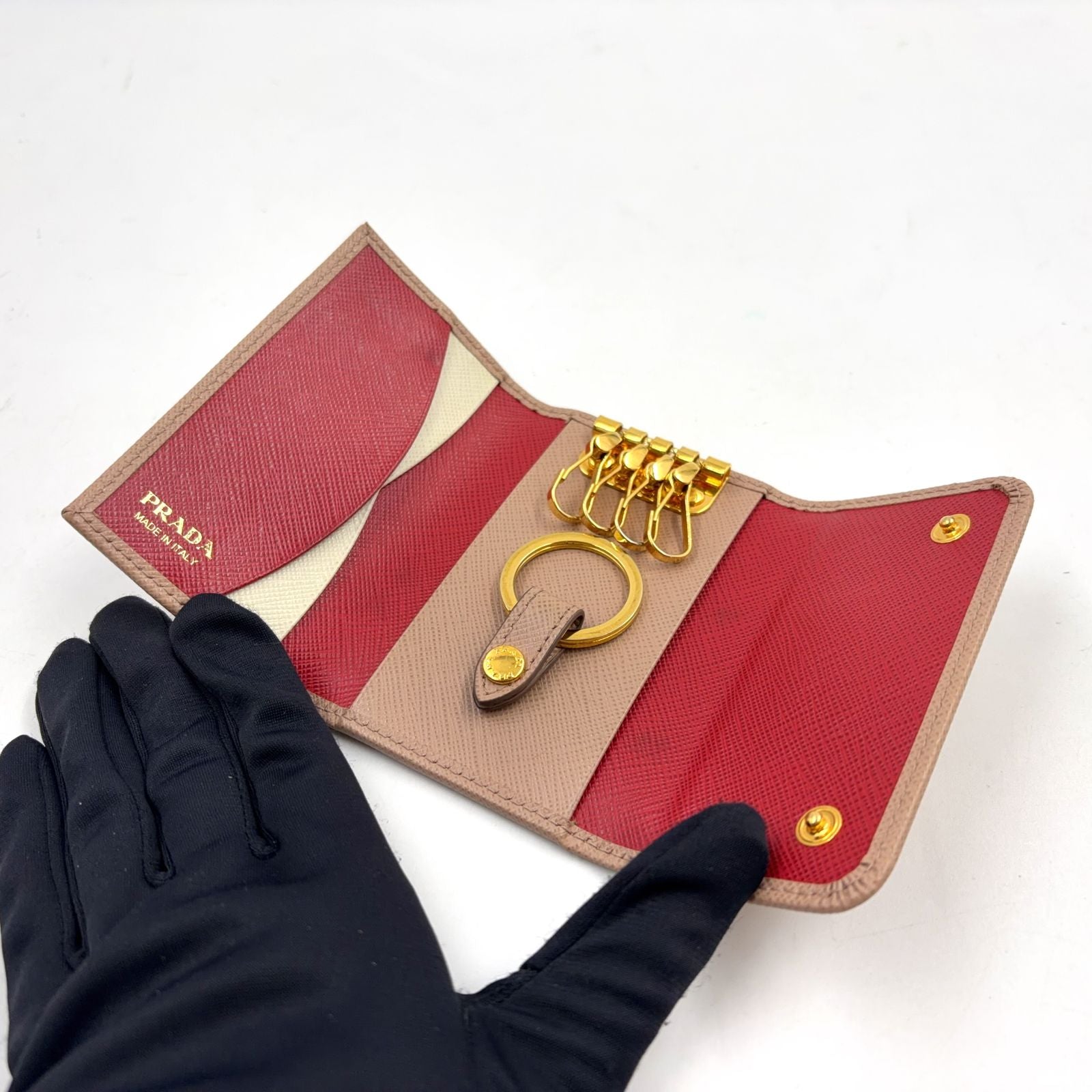 Prada Saffiano Metal Leather Pink Beige Key Case Gold Key Holder — view 3