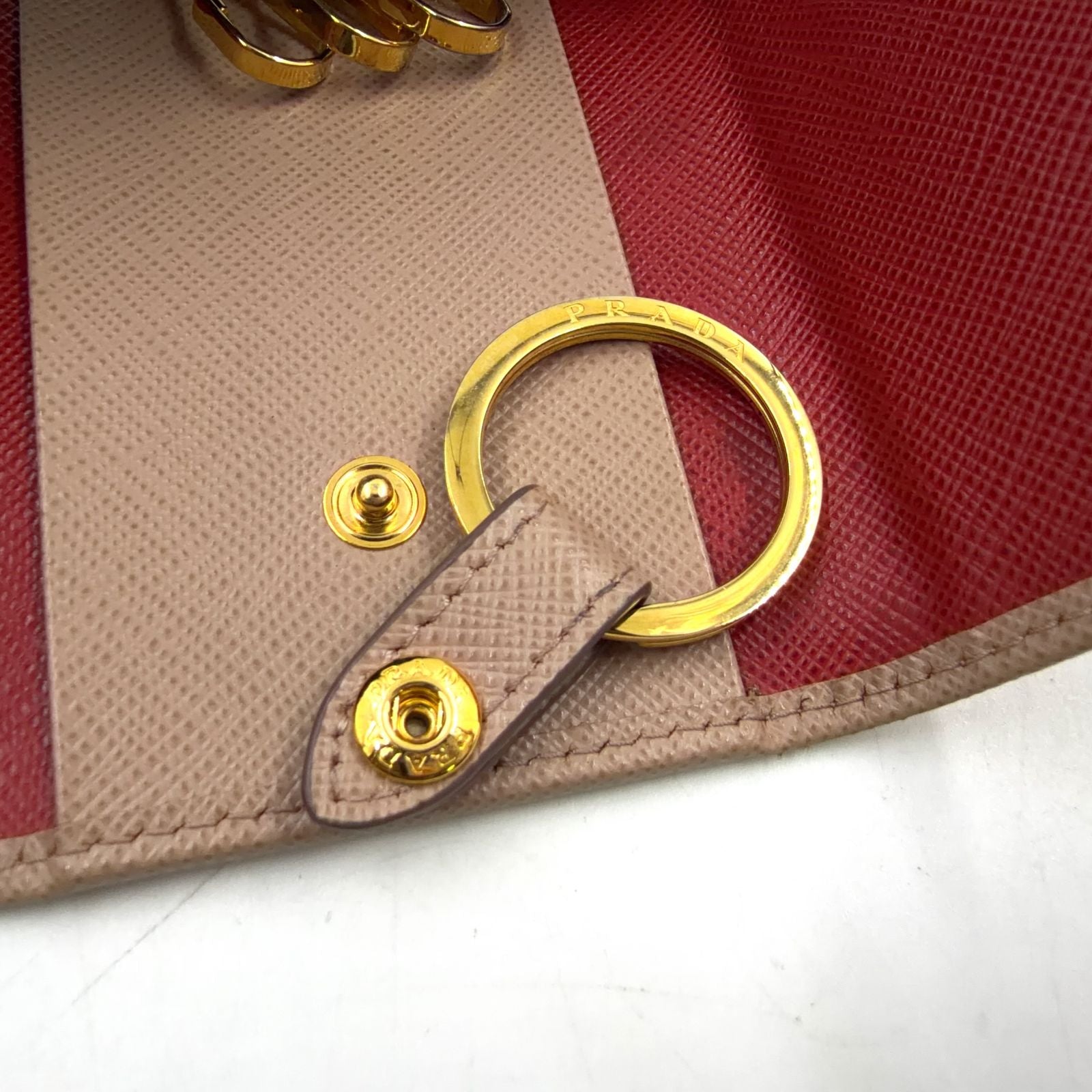 Prada Saffiano Metal Leather Pink Beige Key Case Gold Key Holder — view 8