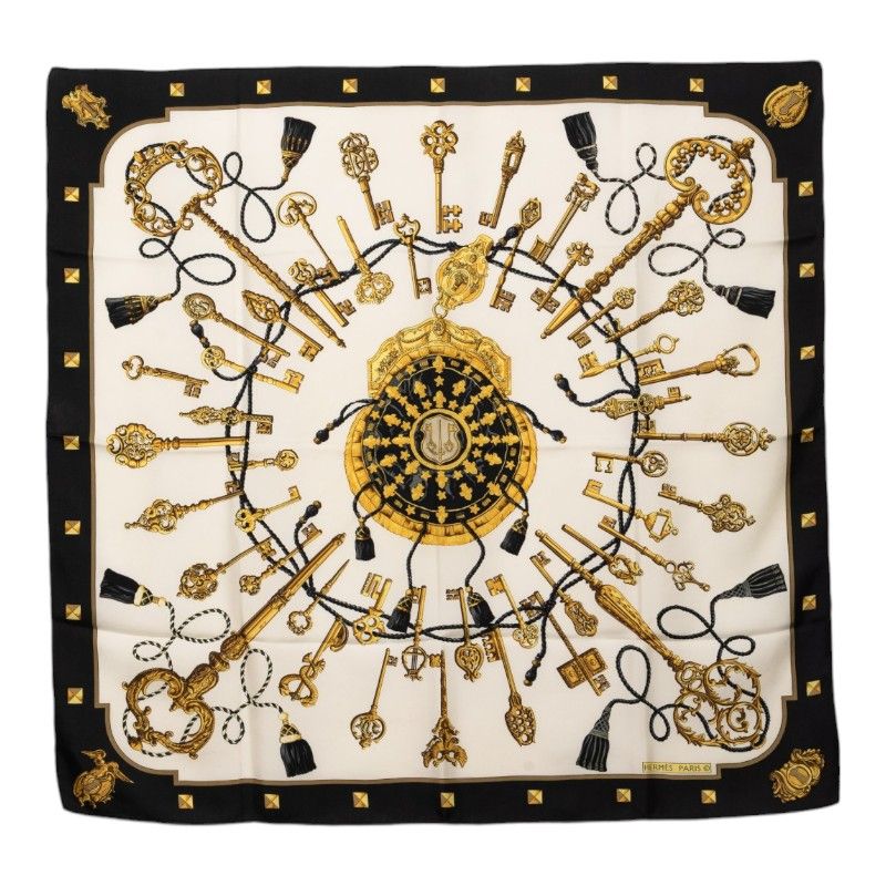 Hermes Carre 90 les Cles Key Scarf Large Black Ivory Silk