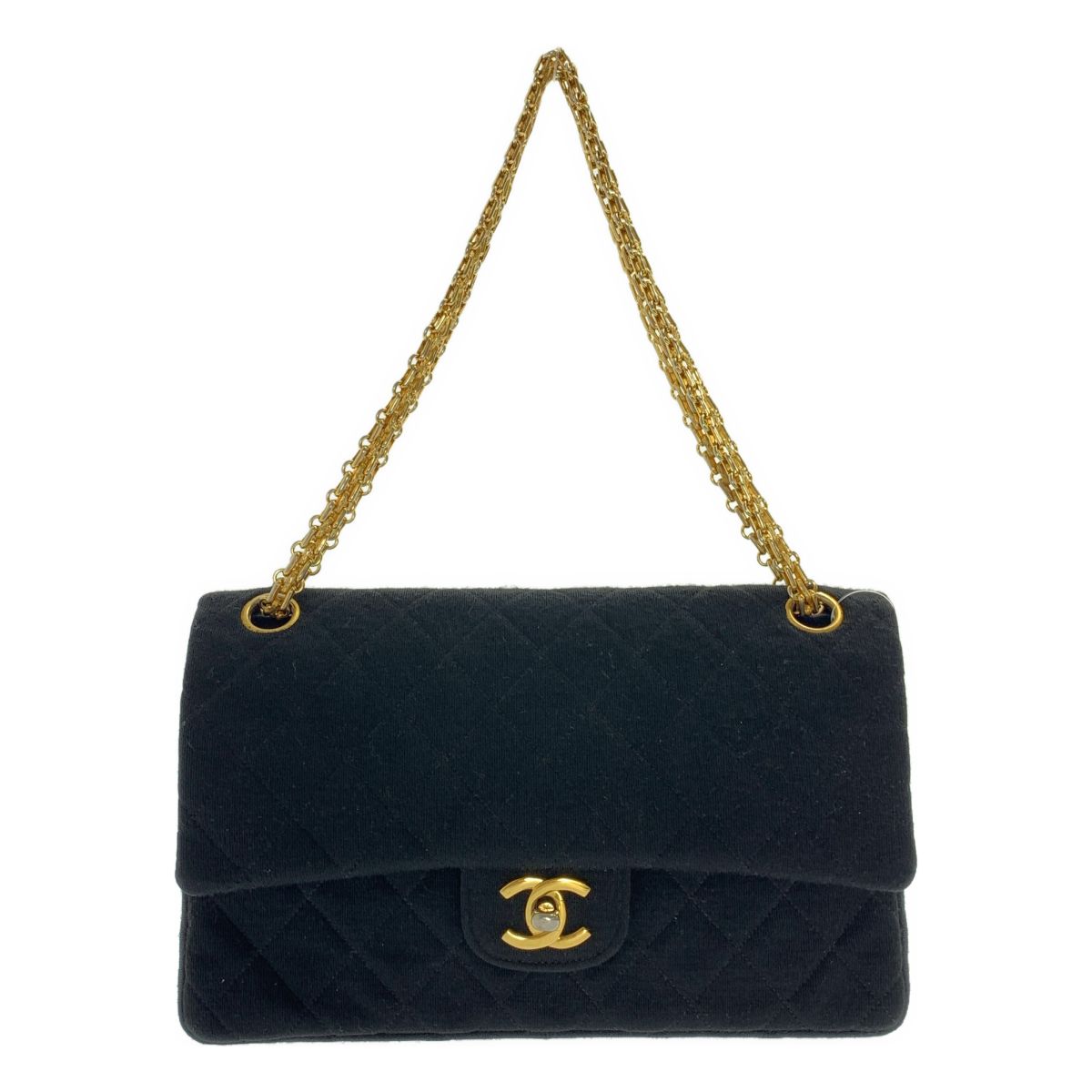 Chanel Quilted 24 Double Flap Chain Shoulder Bag Jersey Black Gold