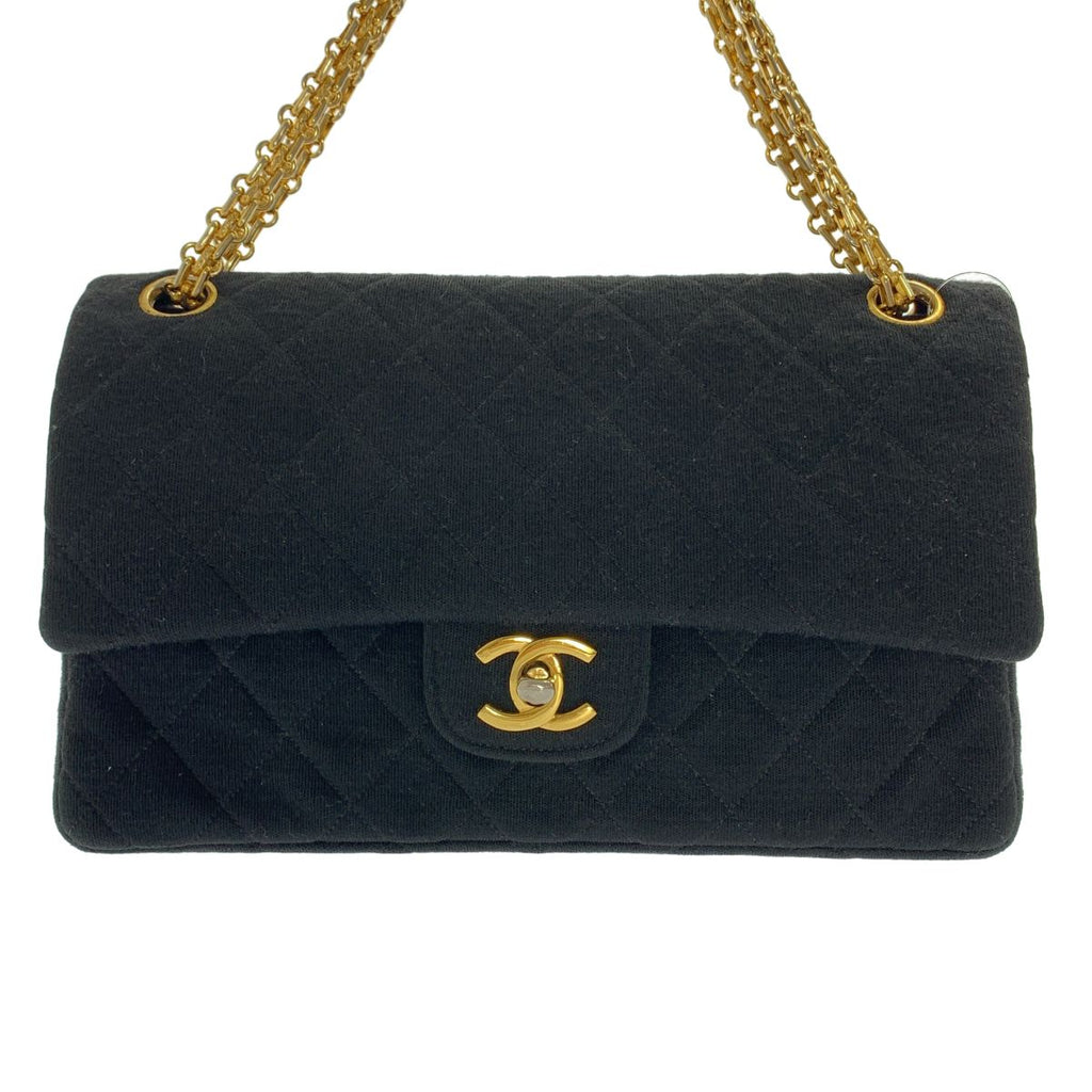 Chanel Quilted 24 Double Flap Chain Shoulder Bag Jersey Black Gold — view 3