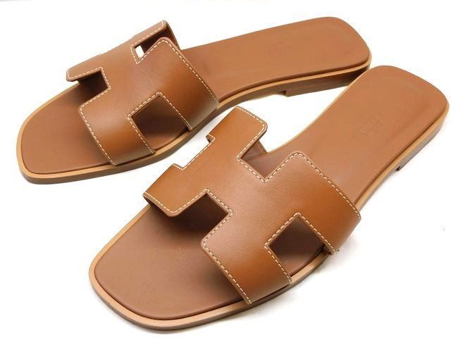 Hermes Oran Sandals 37 Leather Brown Shoes