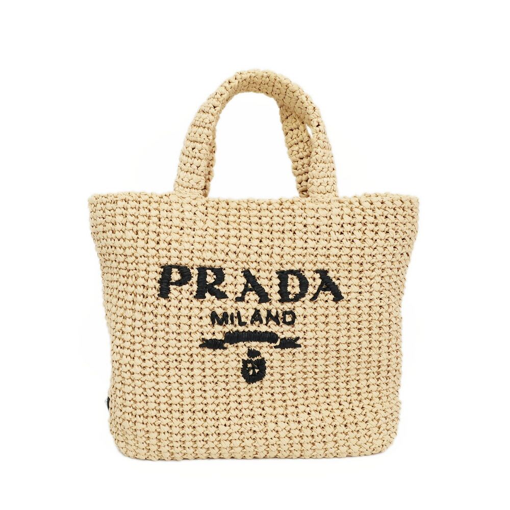 Prada Ten Crochet Tote Raffia Natural Triangle Logo Basket