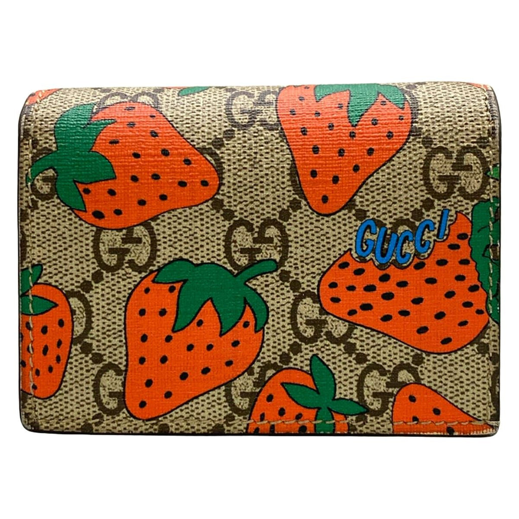 Gucci Bifold Wallet Strawberry Print GG Card Case Beige Red Multi