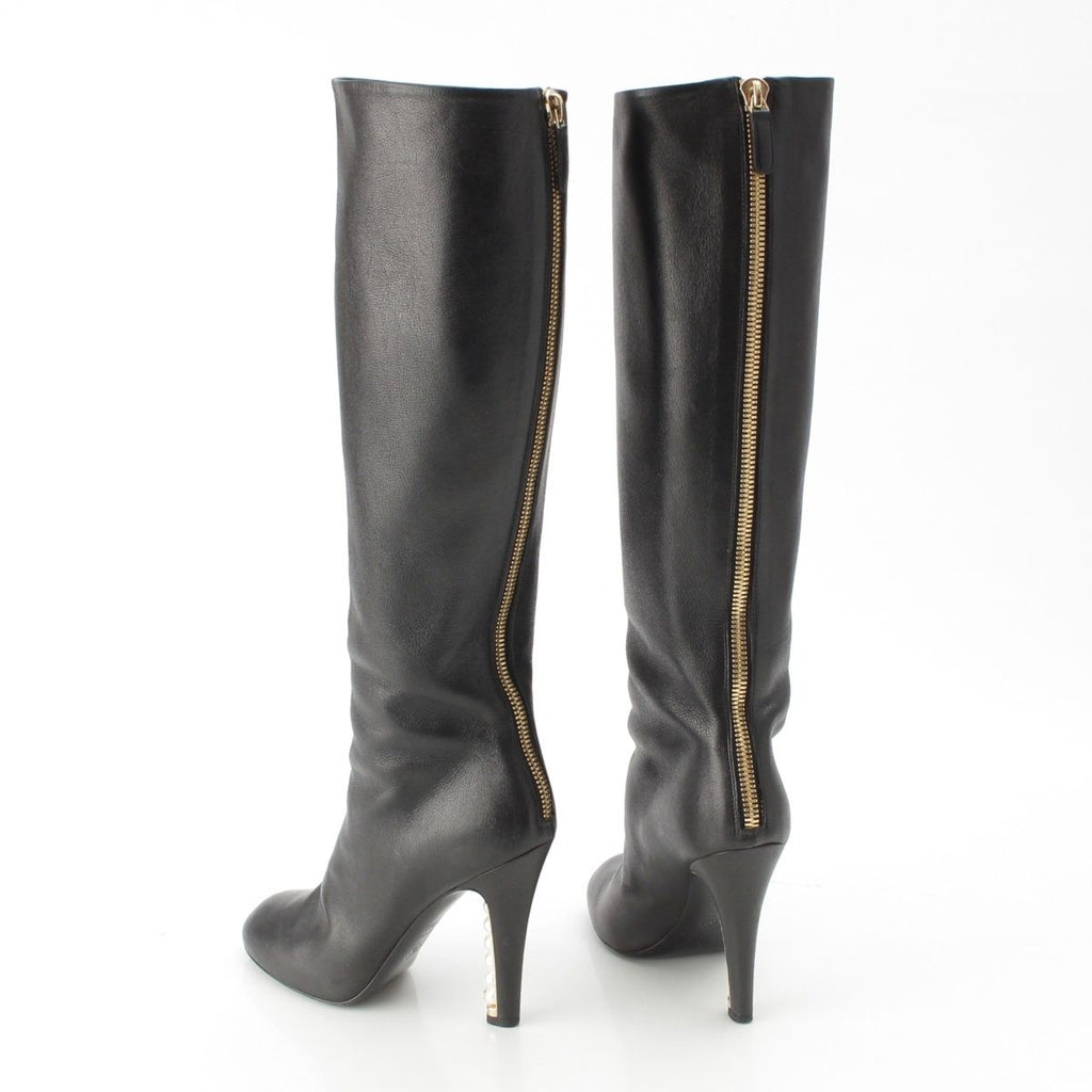 Chanel Leather Pearl Heels Long Boots Black 36 1 2C — view 4