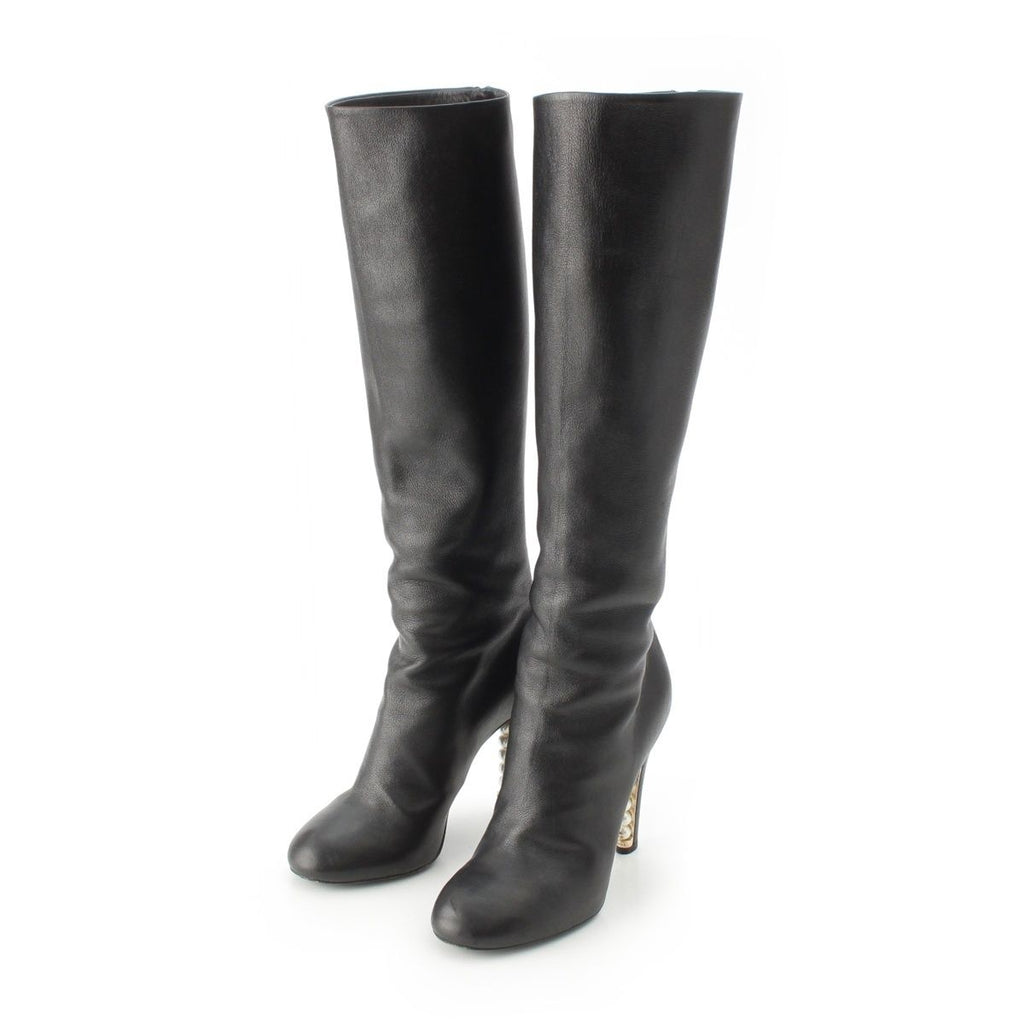 Chanel Leather Pearl Heels Long Boots Black 36 1 2C