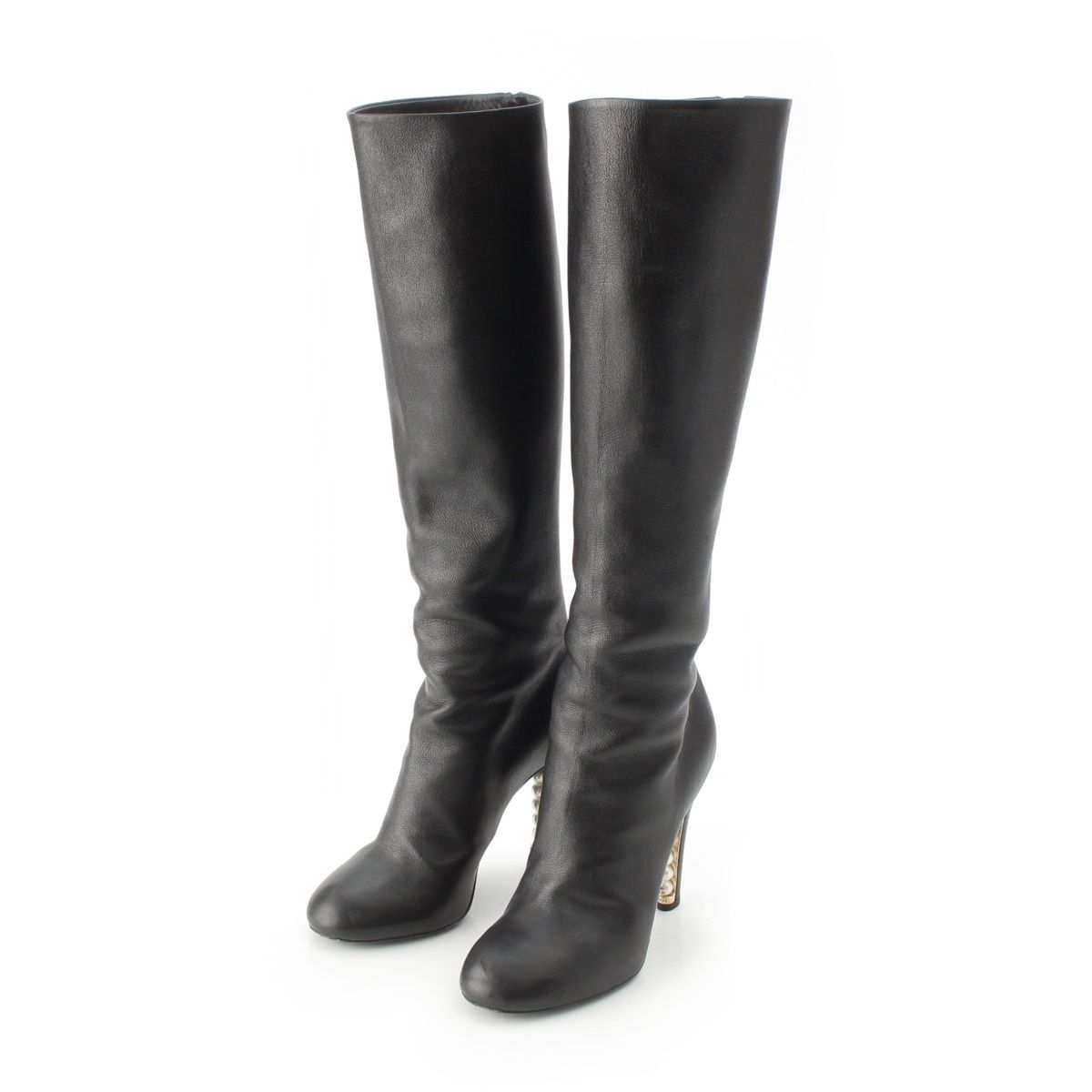 Chanel Leather Pearl Heels Long Boots Black 36 1 2C