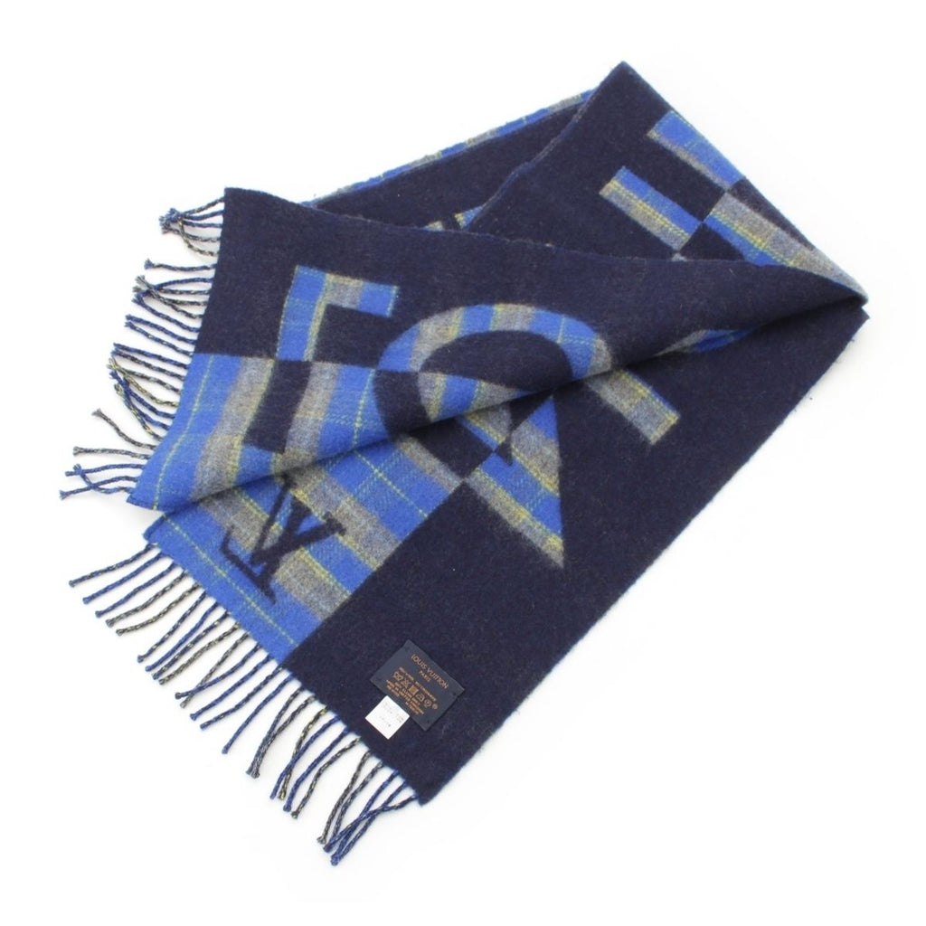Louis Vuitton Wool Cashmere Echarpe Check with Logo Scarf Blue — view 2