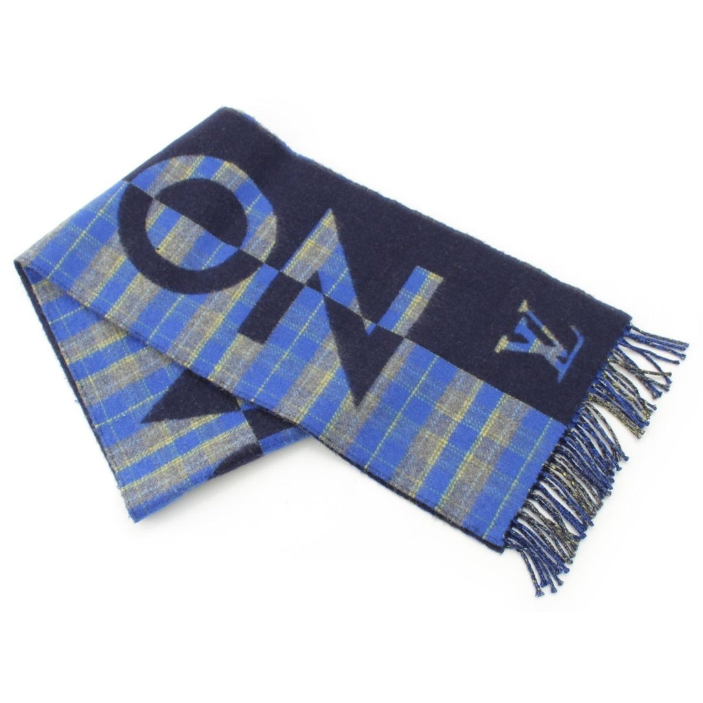 Louis Vuitton Wool Cashmere Echarpe Check with Logo Scarf Blue — view 3