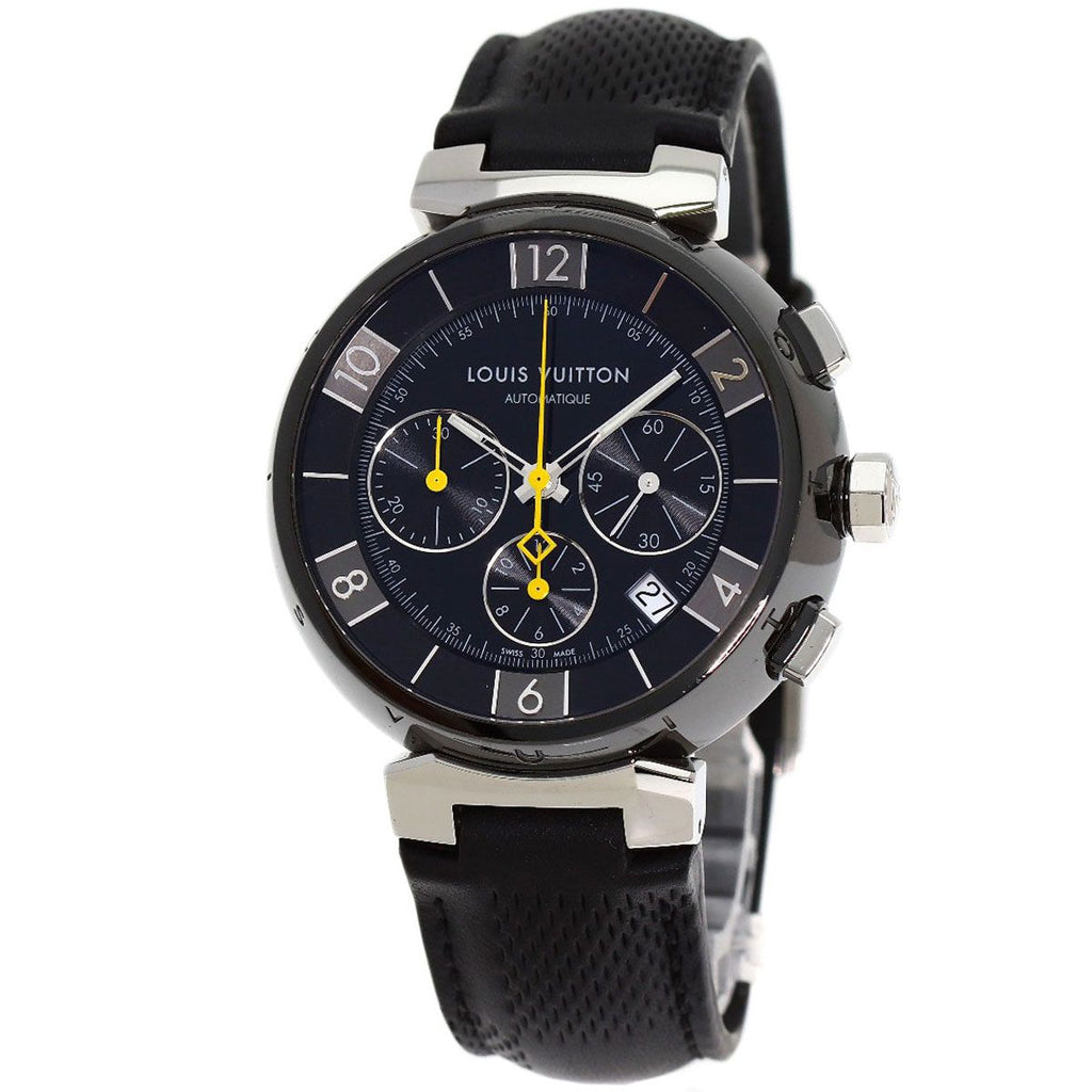 Louis Vuitton Tambour in Black Chronograph Watch SS Leather