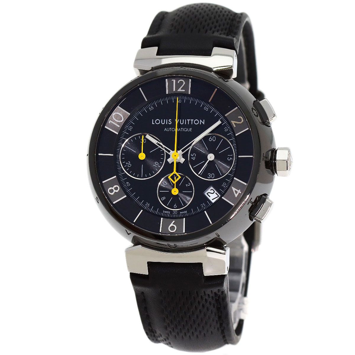 Louis Vuitton Tambour in Black Chronograph Watch SS Leather