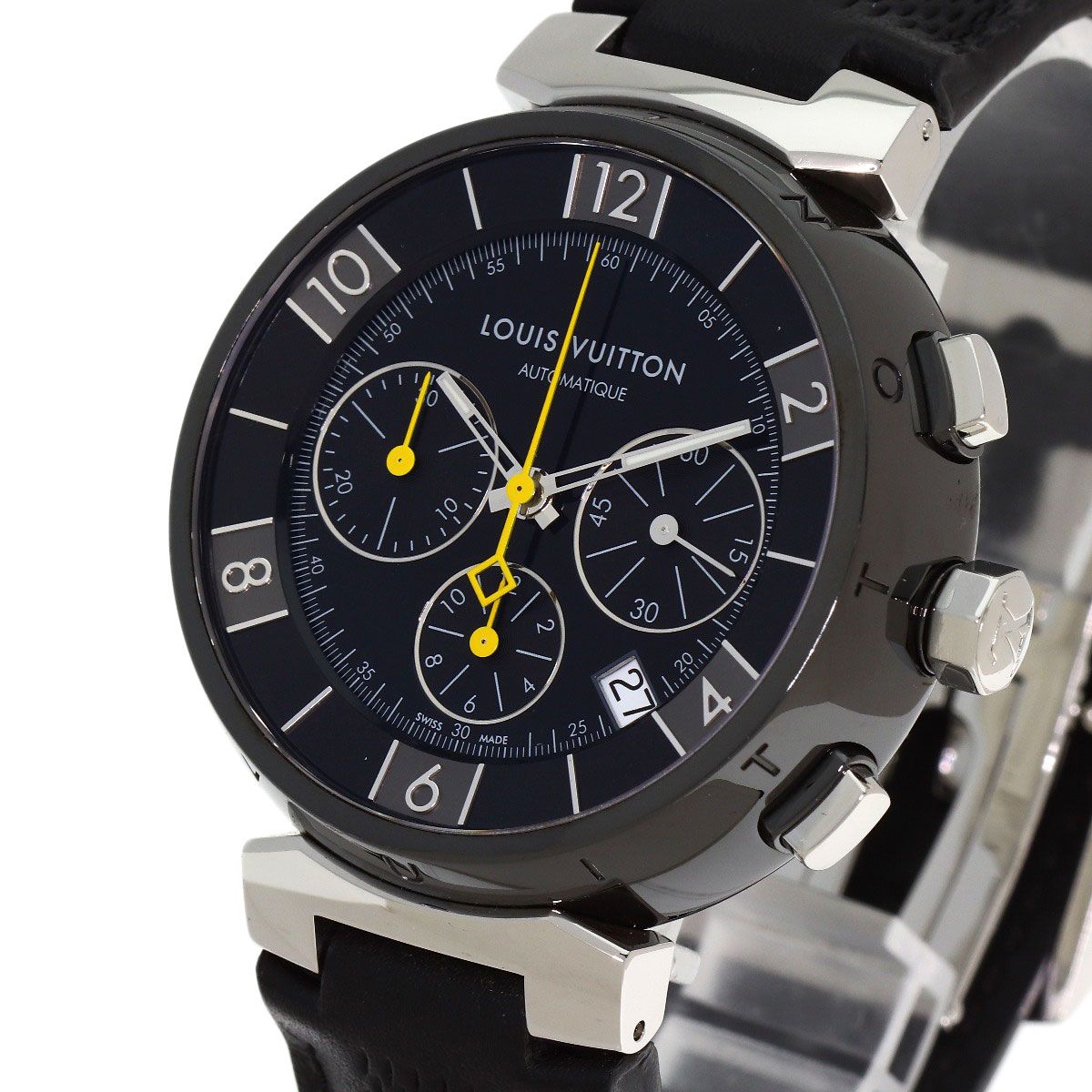 Louis Vuitton Tambour in Black Chronograph Watch SS Leather — view 3