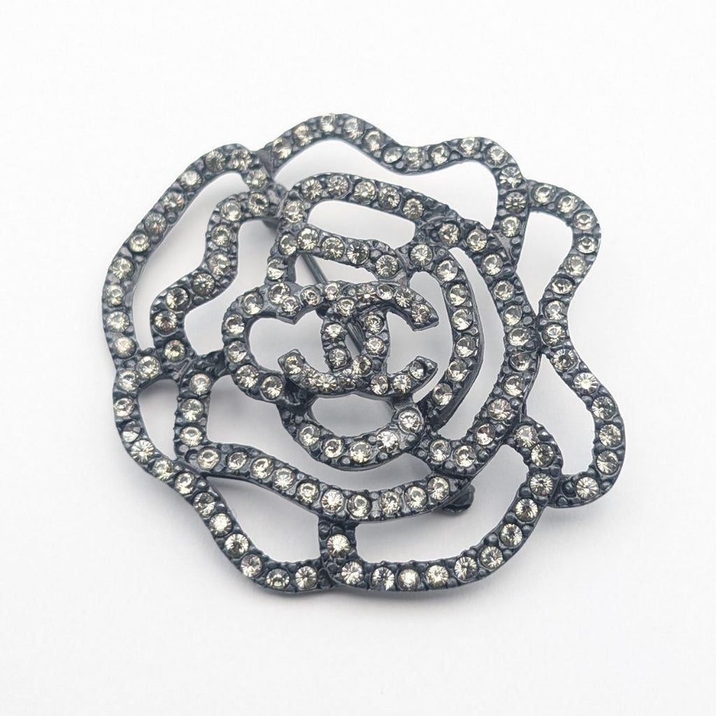 Chanel Brooch CC Logo Black Camellia Rhinestone Vintage