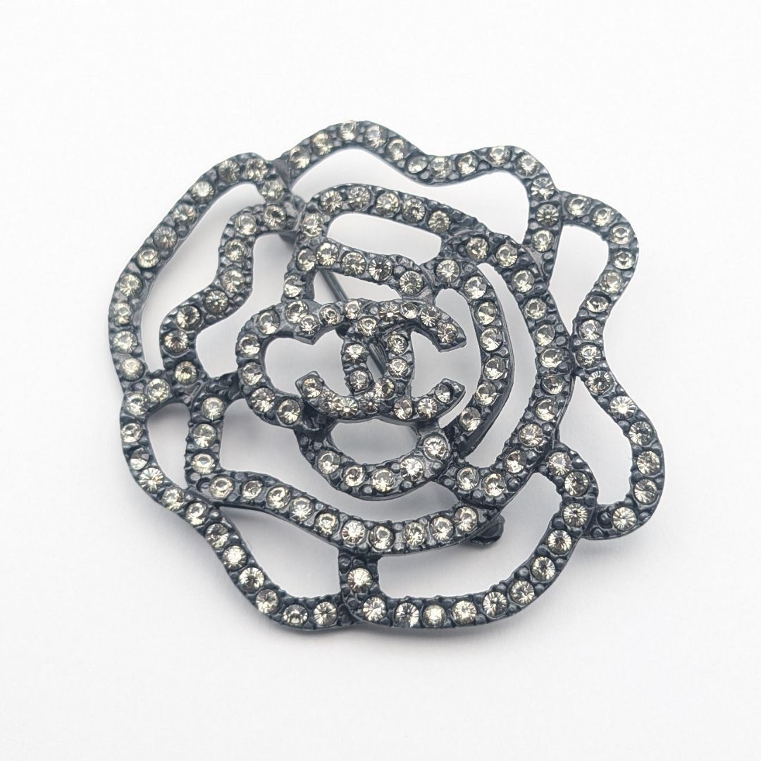 Chanel Brooch CC Logo Black Camellia Rhinestone Vintage