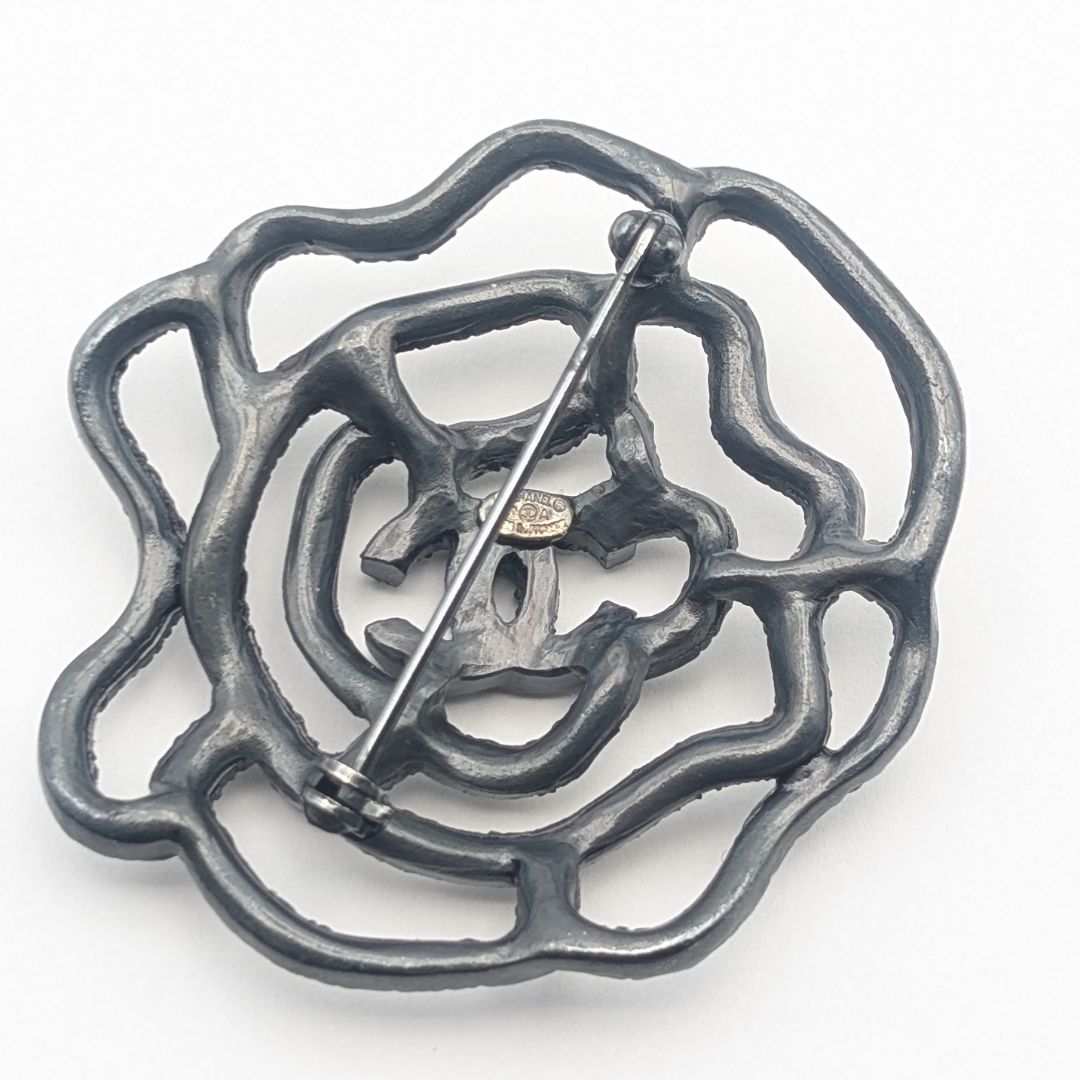 Chanel Brooch CC Logo Black Camellia Rhinestone Vintage — view 3