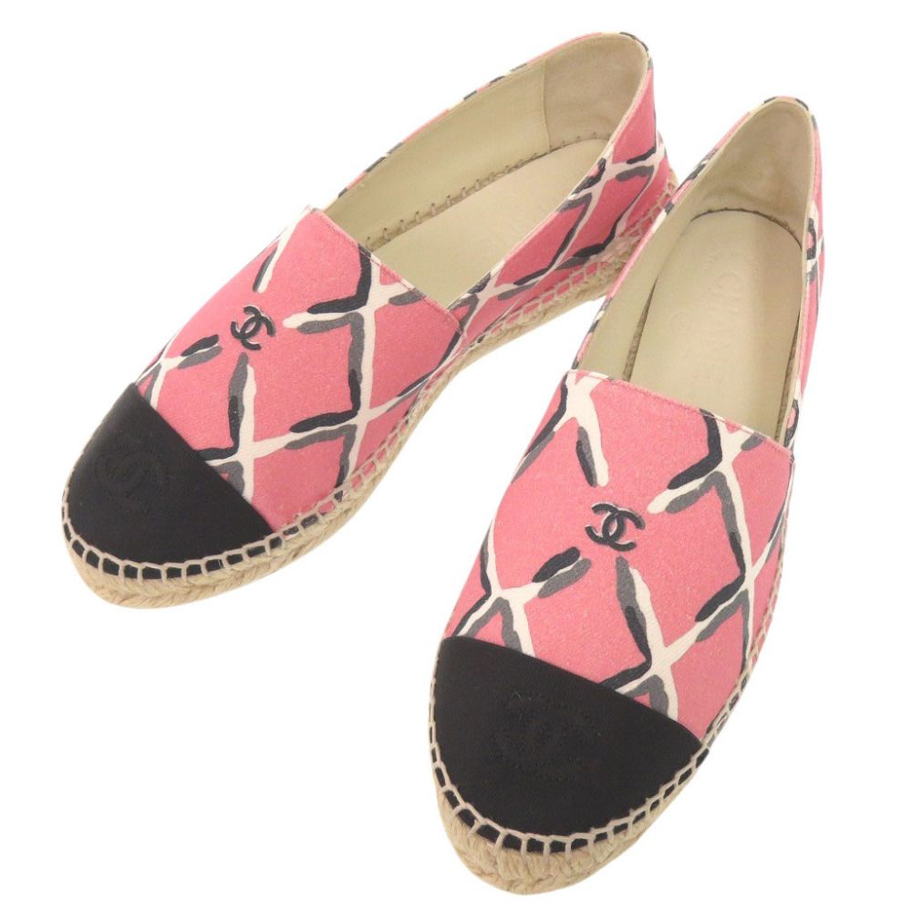 Chanel Espadrilles CC Logo 38 Canvas Hemp Pink Black Flat Shoes Slip on