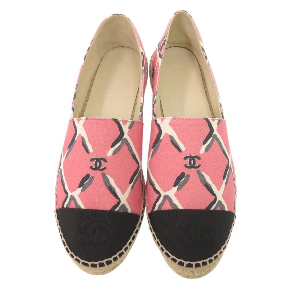 Chanel Espadrilles CC Logo 38 Canvas Hemp Pink Black Flat Shoes Slip on — view 2