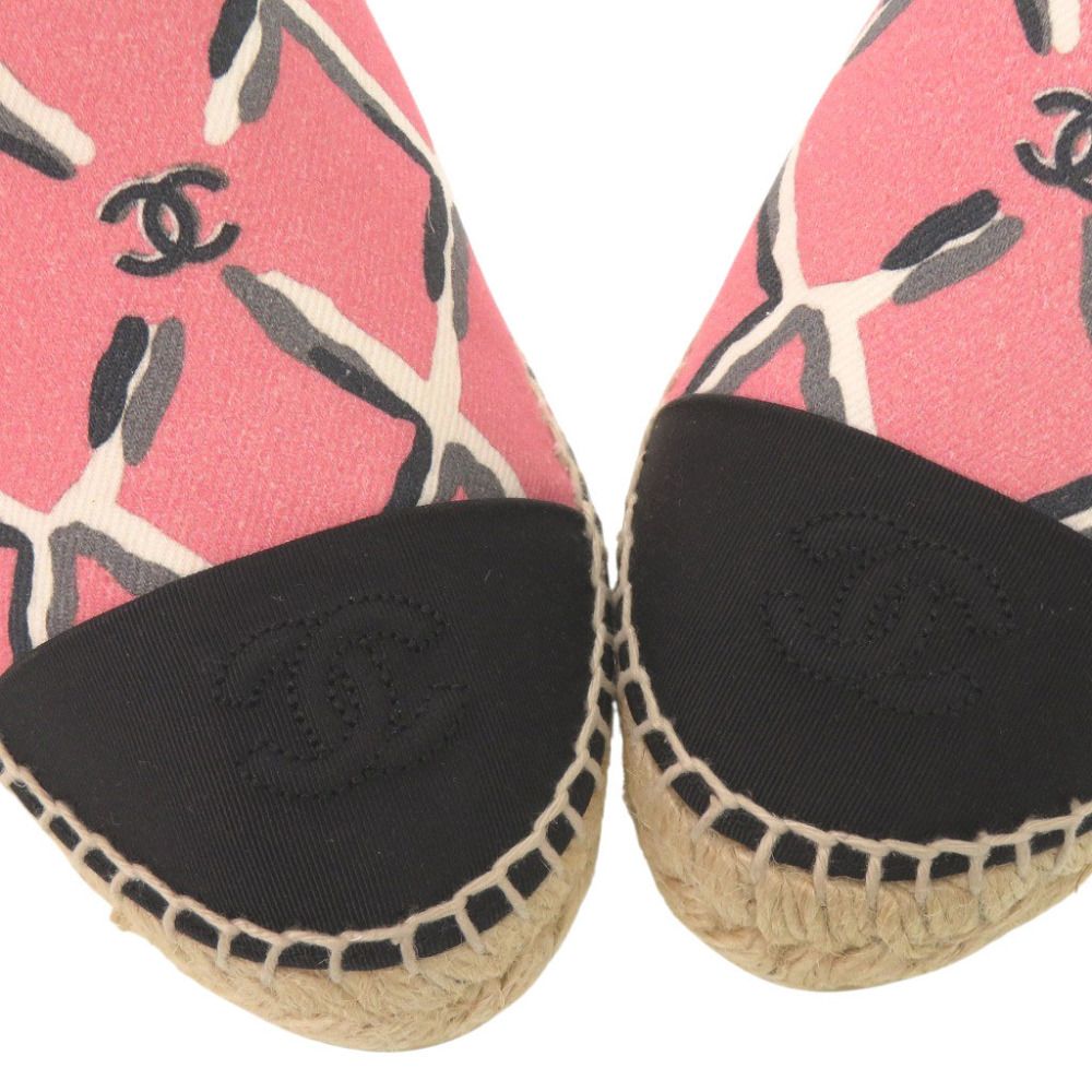 Chanel Espadrilles CC Logo 38 Canvas Hemp Pink Black Flat Shoes Slip on — view 7