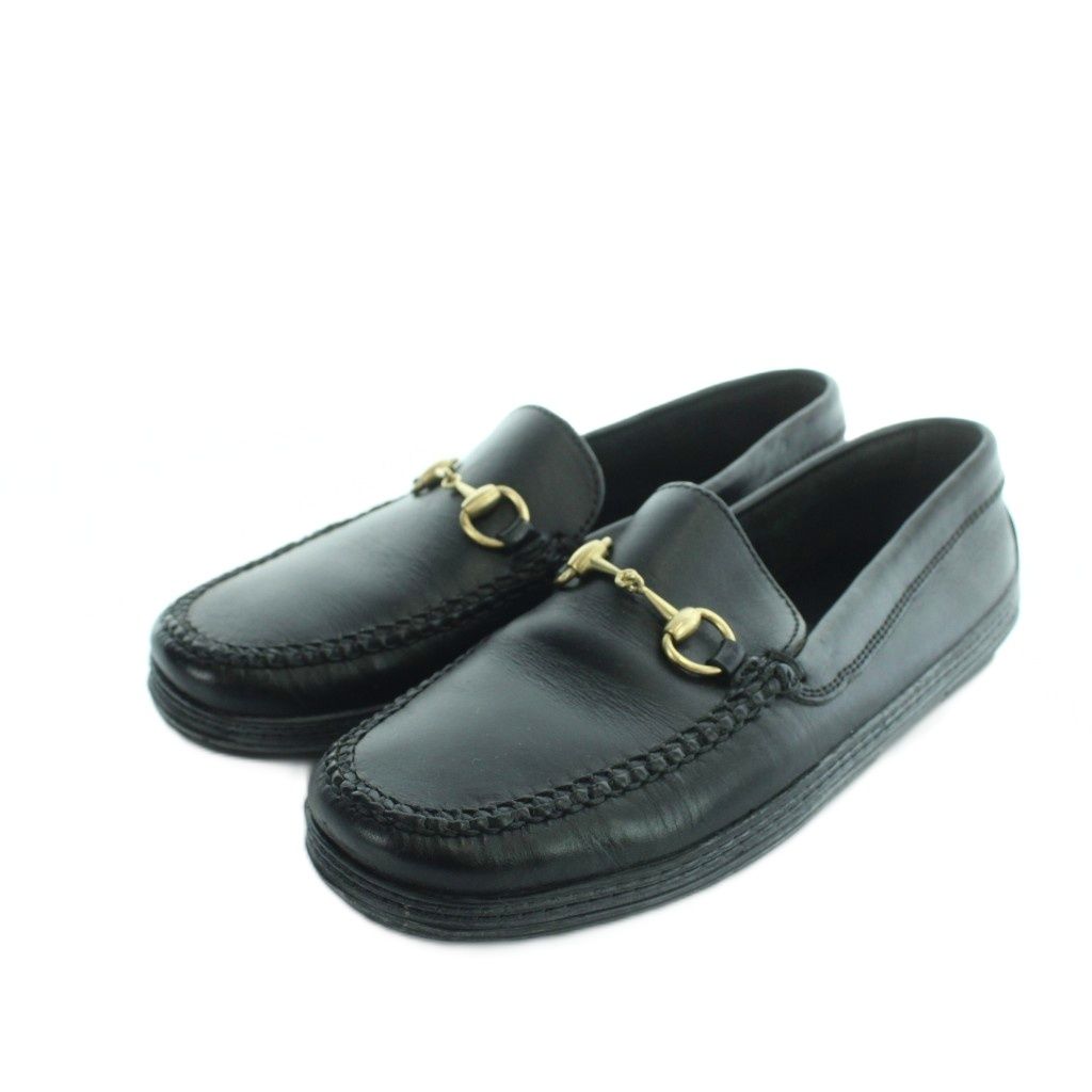 Gucci Loafers Leather Horsebit Square Toe Logo 6.5 Black