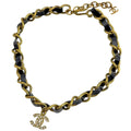 Chanel CC Logo Chain Necklace Leather Rhinestone Gold Black