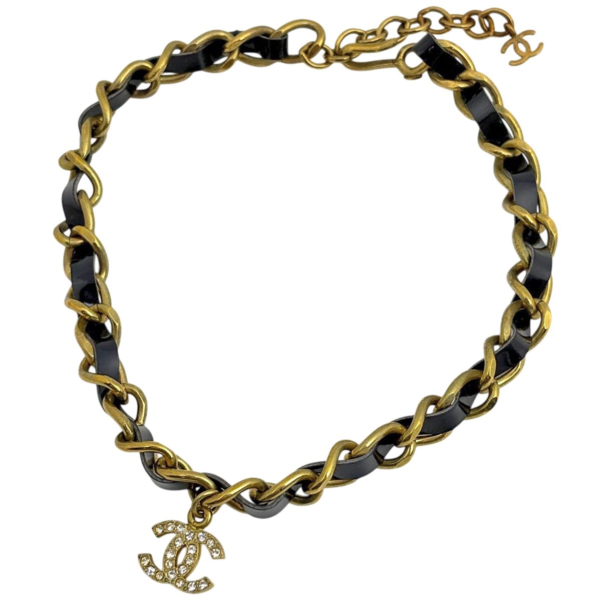 Chanel CC Logo Chain Necklace Leather Rhinestone Gold Black