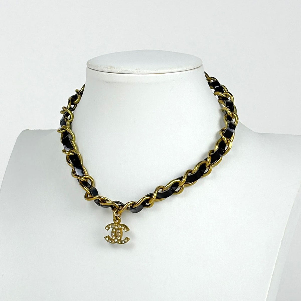 Chanel CC Logo Chain Necklace Leather Rhinestone Gold Black — view 6