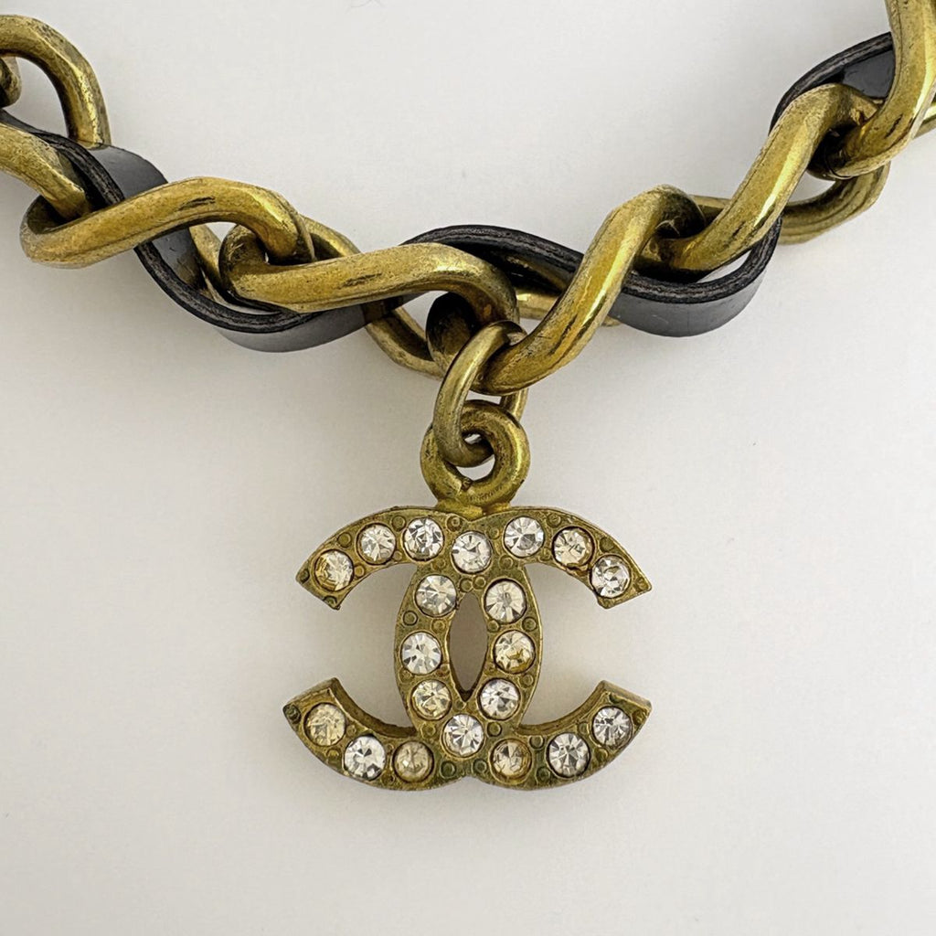 Chanel CC Logo Chain Necklace Leather Rhinestone Gold Black — view 2