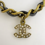 Chanel CC Logo Chain Necklace Leather Rhinestone Gold Black — view 2