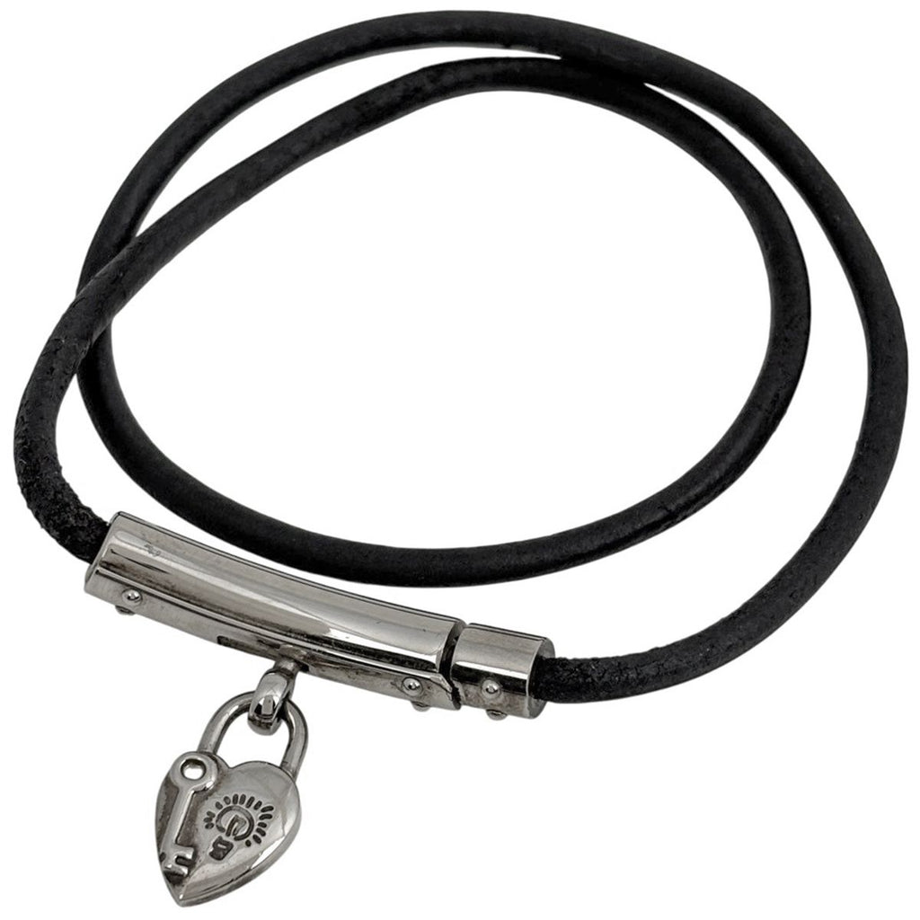 Hermes Viviride Bracelet Double Strand Choker Leather Silver Plated Black