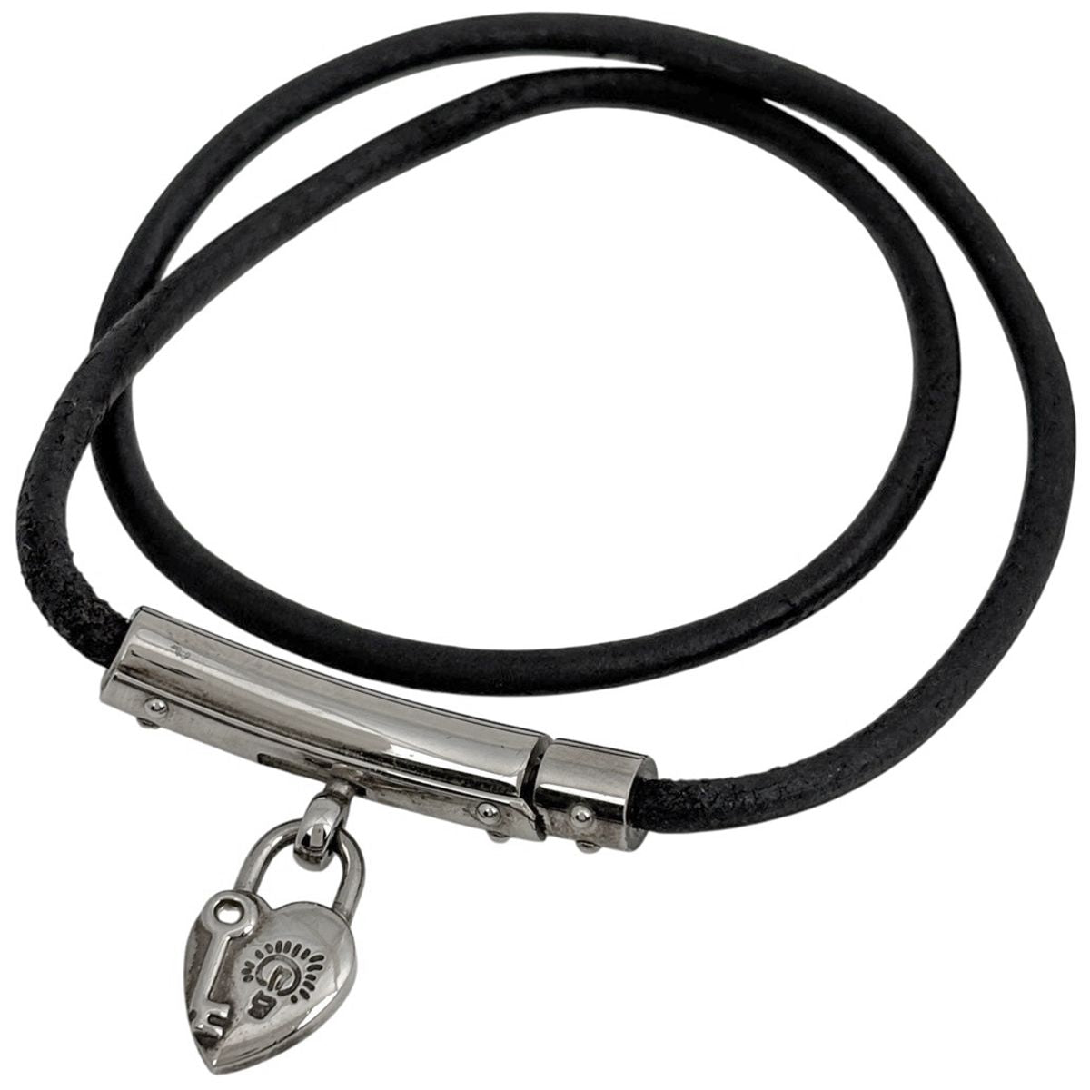 Hermes Viviride Bracelet Double Strand Choker Leather Silver Plated Black
