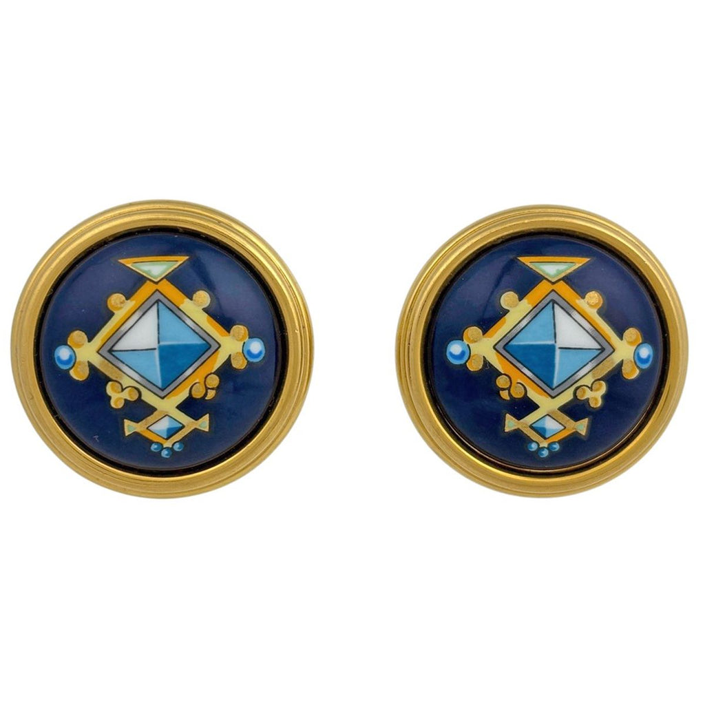 Hermes Enamel Earrings Round Cloisonne Gold Plated Blue