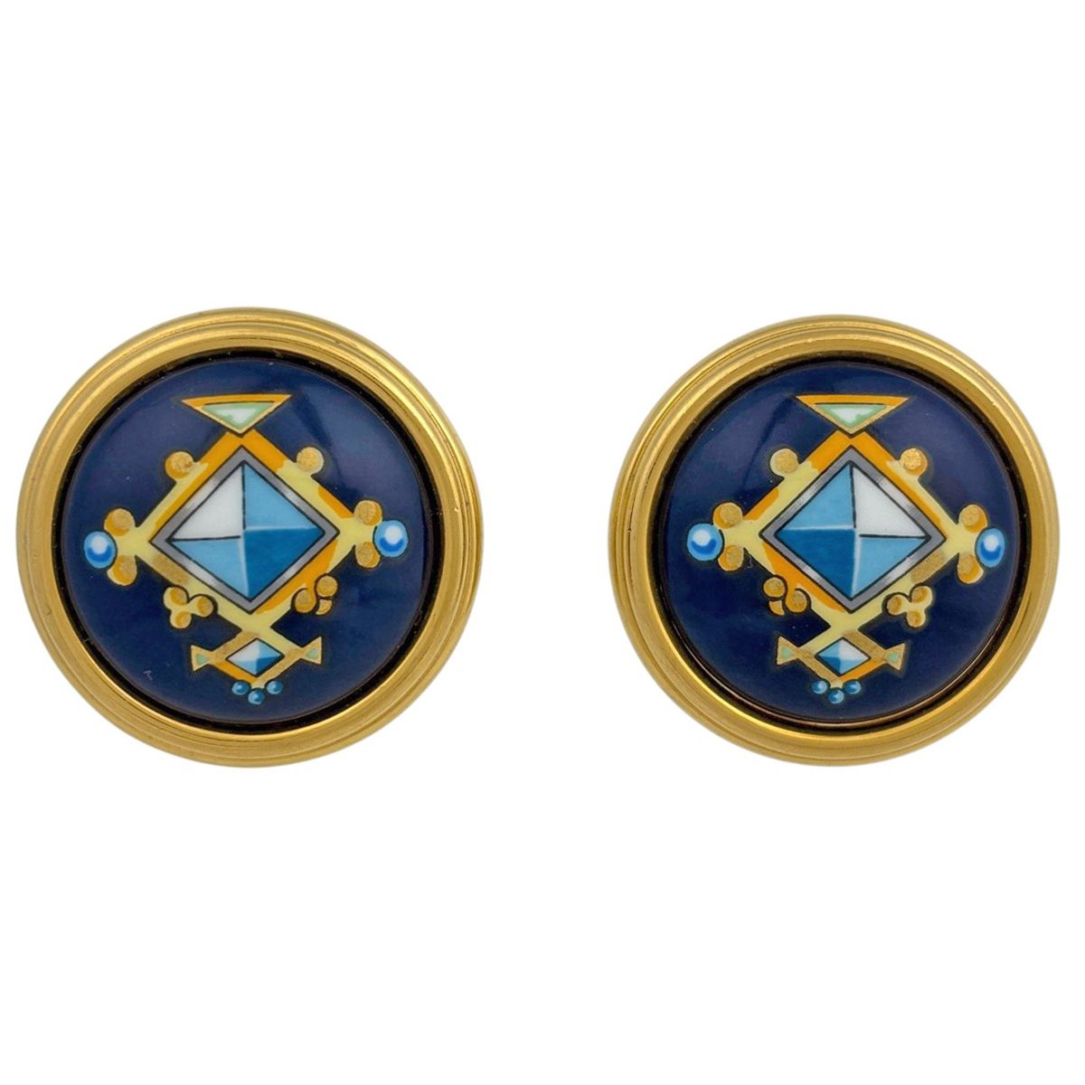 Hermes Enamel Earrings Round Cloisonne Gold Plated Blue