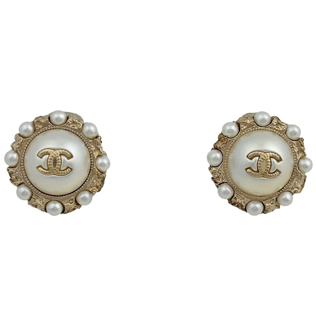 Chanel CC Logo Faux Pearl Earrings Round Gold Plated