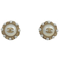 Chanel CC Logo Faux Pearl Earrings Round Gold Plated