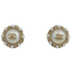 Chanel CC Logo Faux Pearl Earrings Round Gold Plated