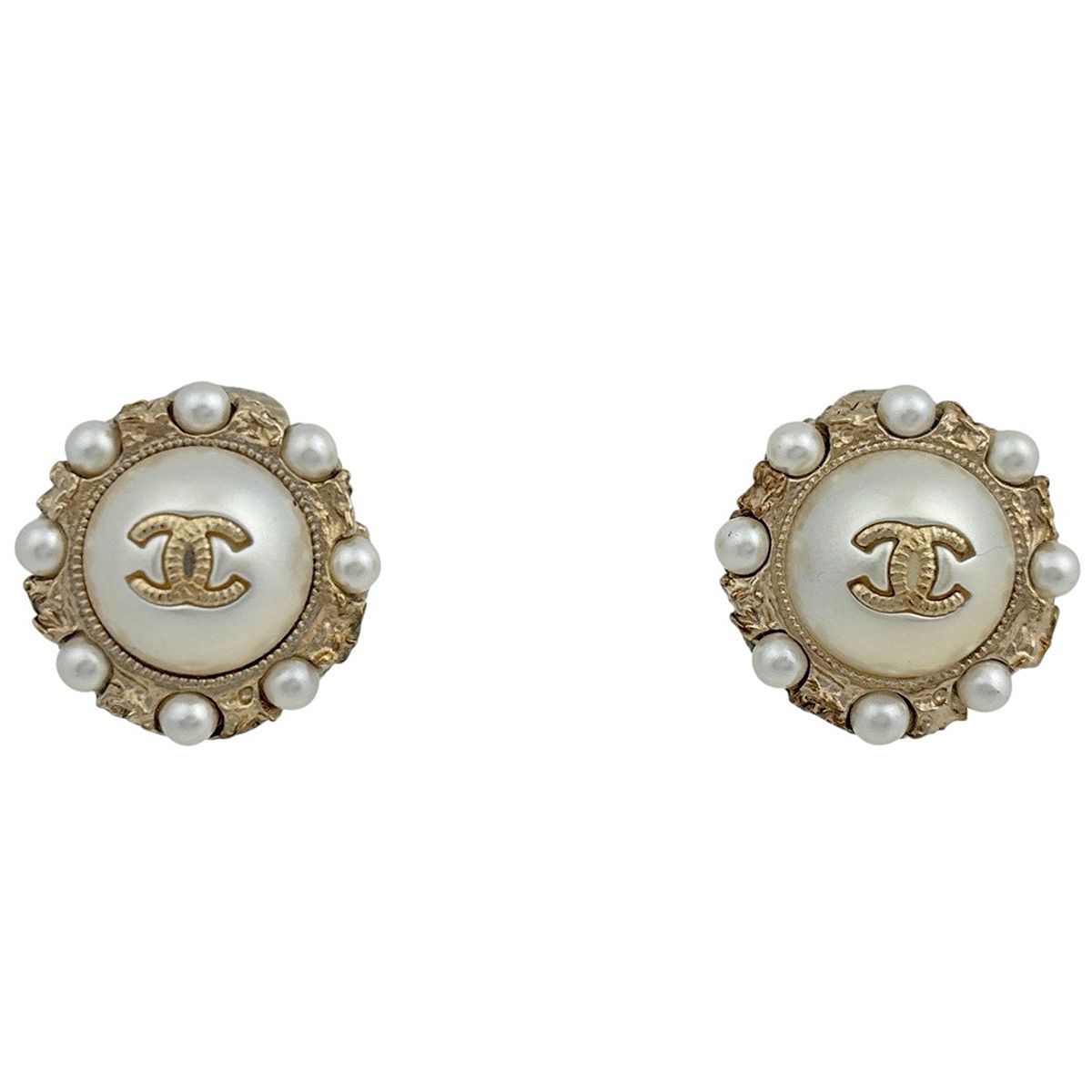 Chanel CC Logo Faux Pearl Earrings Round Gold Plated