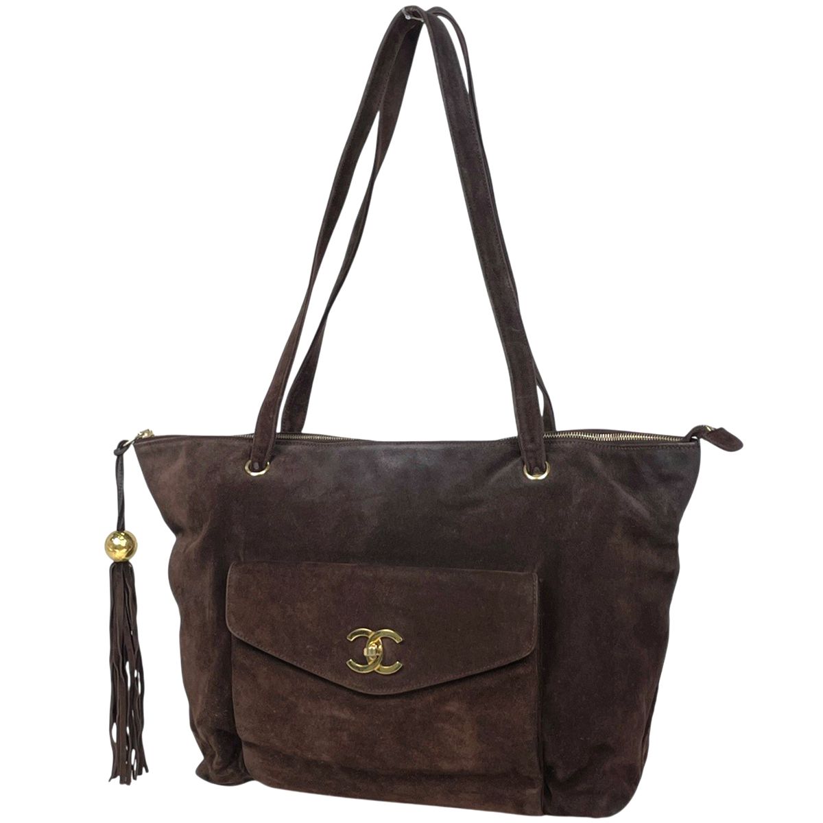Chanel CC Logo Fringe Tote Suede Brown