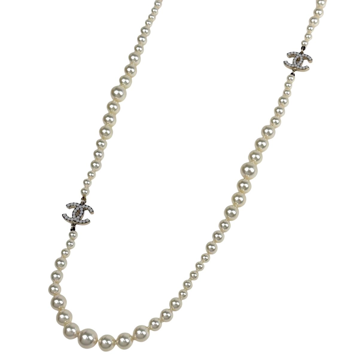 Chanel CC Logo Faux Pearl Necklace Long Gold Plated